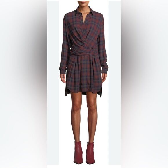 Rag & Bone Felicity Plaid Tie Waist Shirt Dress Burgundy Academia Size M - Picture 2 of 10